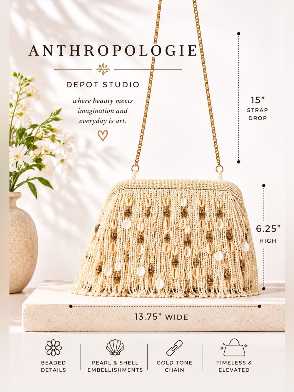 NWT Anthropologie Celandine Beaded Pearl & Shell Fringe Clutch Ivory Gold Chain
